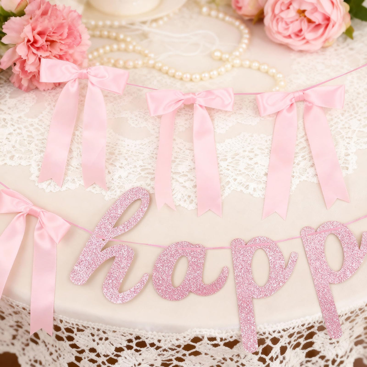 Lomantank 2 Strings Coquette Pink Bow Garland & Glitter Birthday Banner