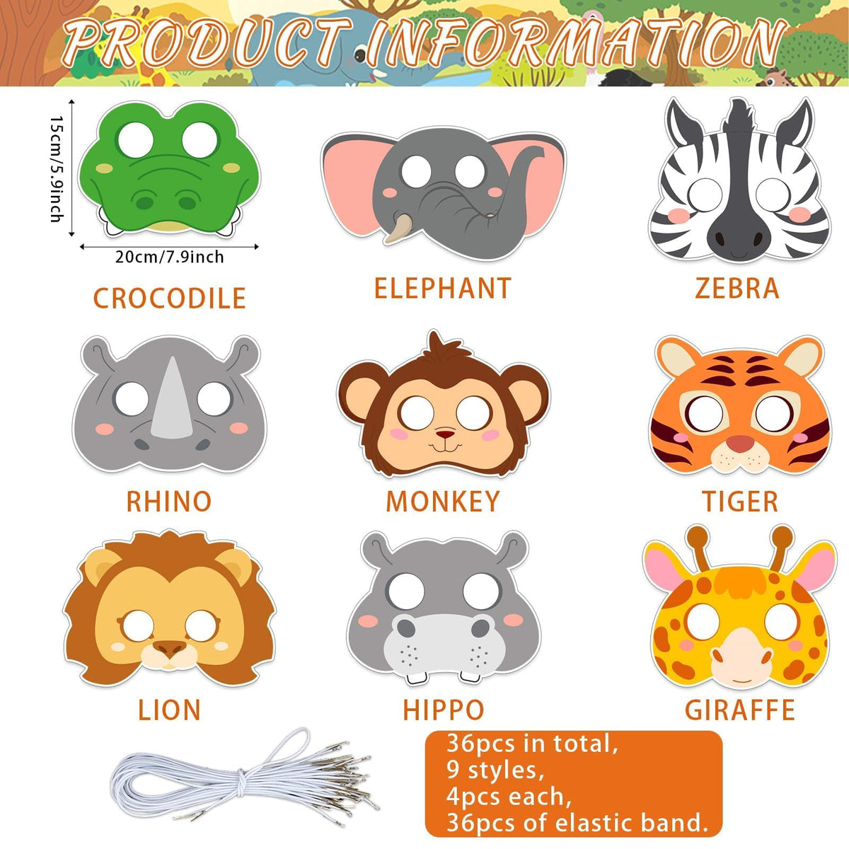 Lonfliness 36-Pack Jungle Animal Coloring Masks for Kids — DIY Craft & Party Favors