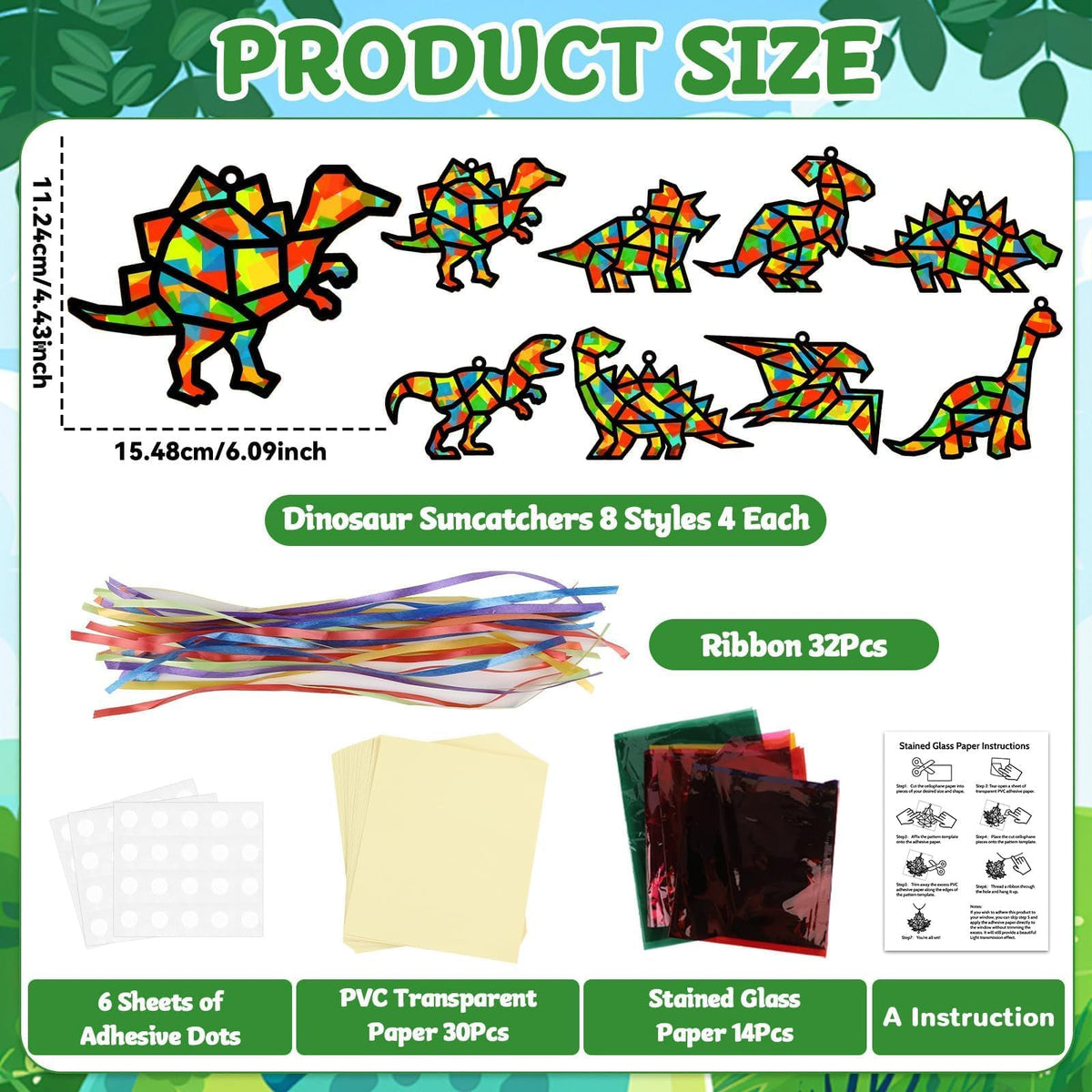 Lonfliness 32-Set Dinosaur Suncatchers Crafts Kit - DIY Window Stained Glass Art for Kids
