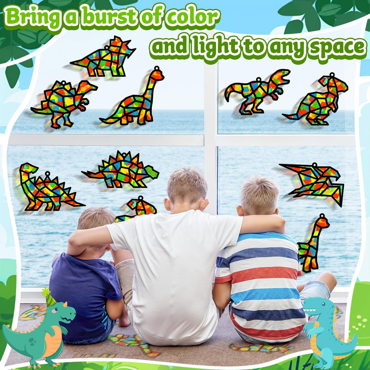 Lonfliness 32-Set Dinosaur Suncatchers Crafts Kit - DIY Window Stained Glass Art for Kids
