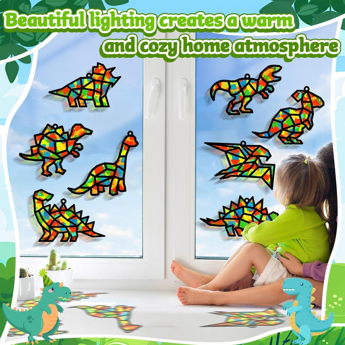 Lonfliness 32-Set Dinosaur Suncatchers Crafts Kit - DIY Window Stained Glass Art for Kids
