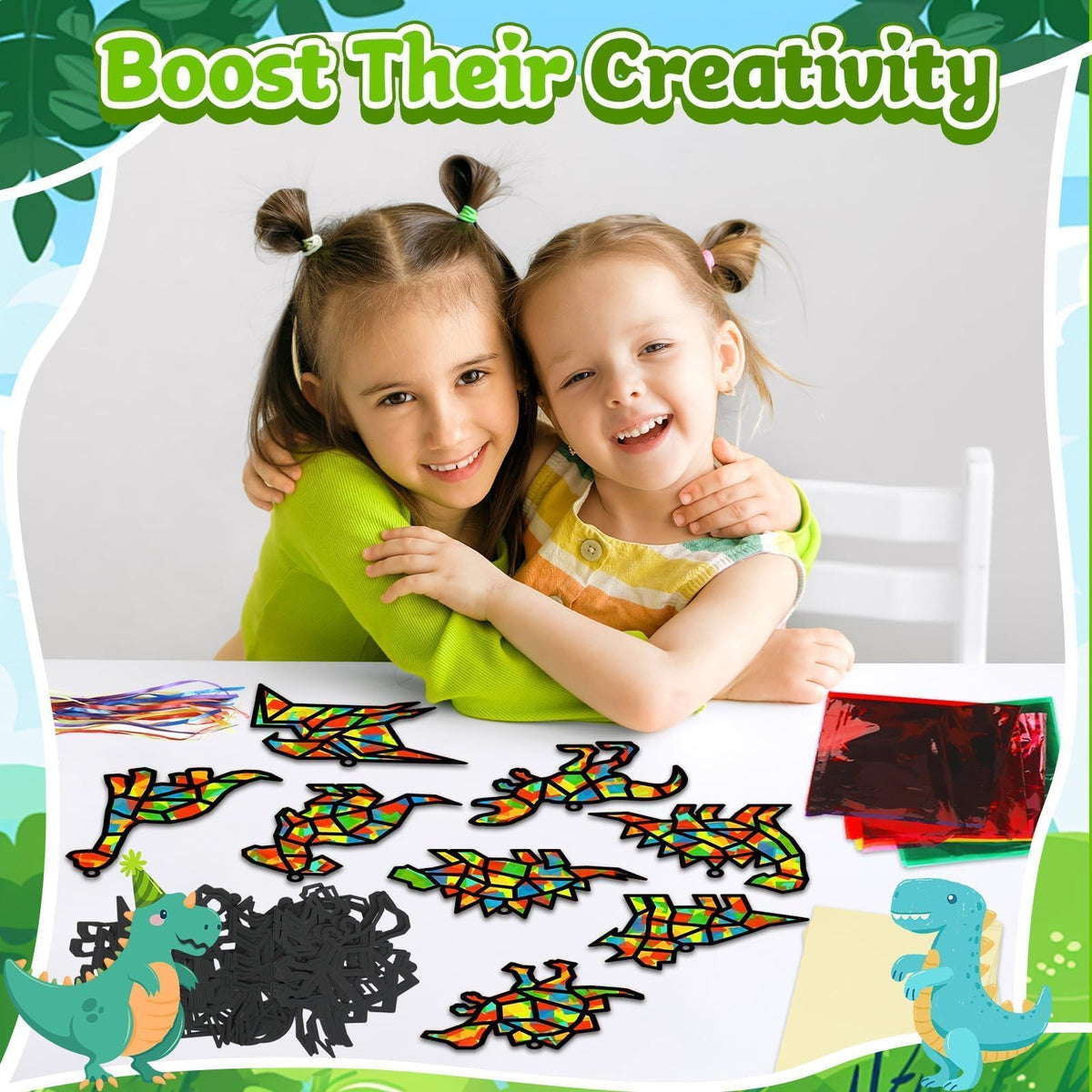 Lonfliness 32-Set Dinosaur Suncatchers Crafts Kit - DIY Window Stained Glass Art for Kids
