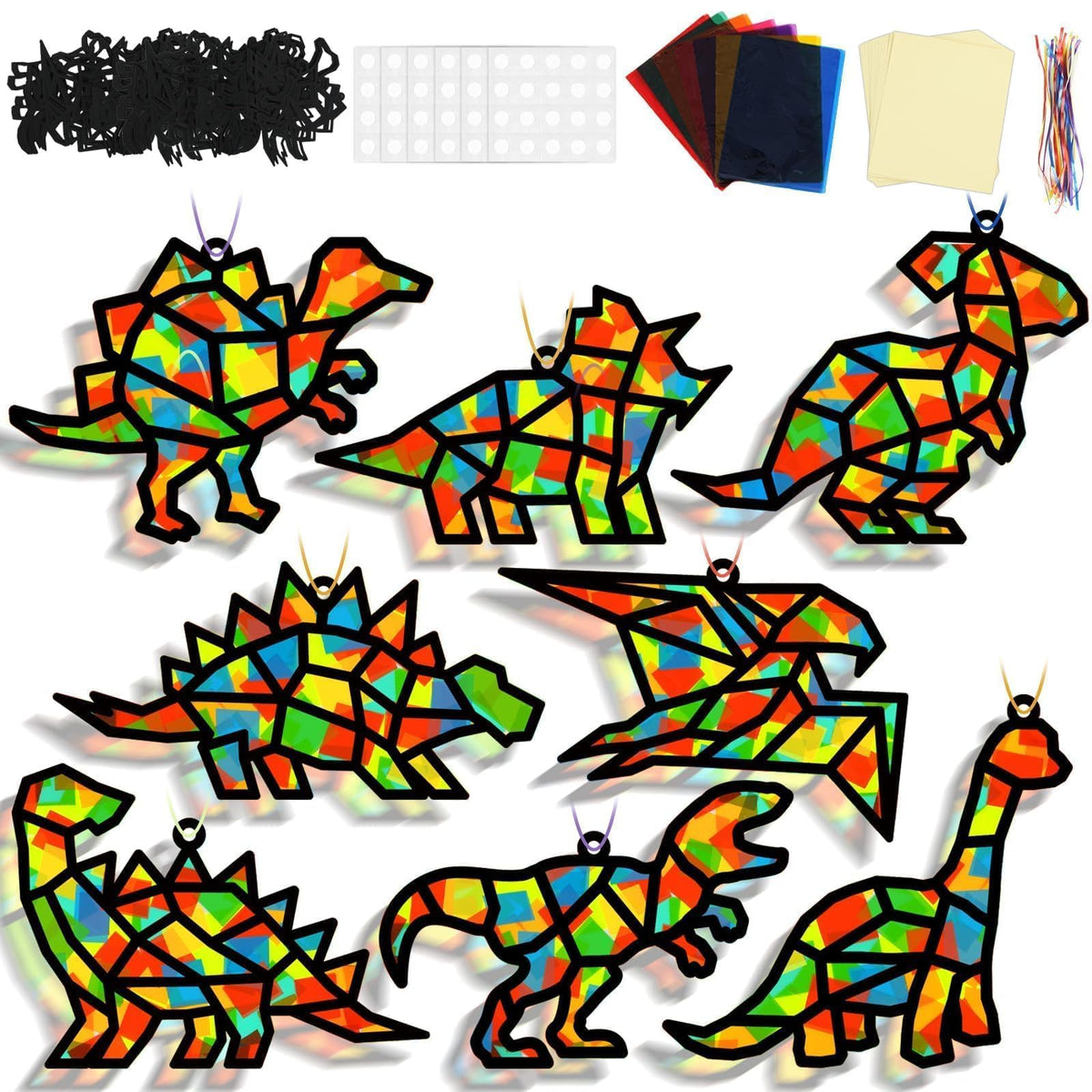 Lonfliness 32-Set Dinosaur Suncatchers Crafts Kit - DIY Window Stained Glass Art for Kids