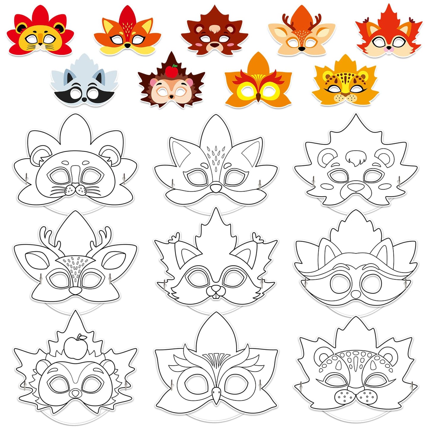 Lonfliness 36-Set Fall Maple Leaf Animal Masks – Kids Coloring Craft Kit for Autumn & Thanksgiving