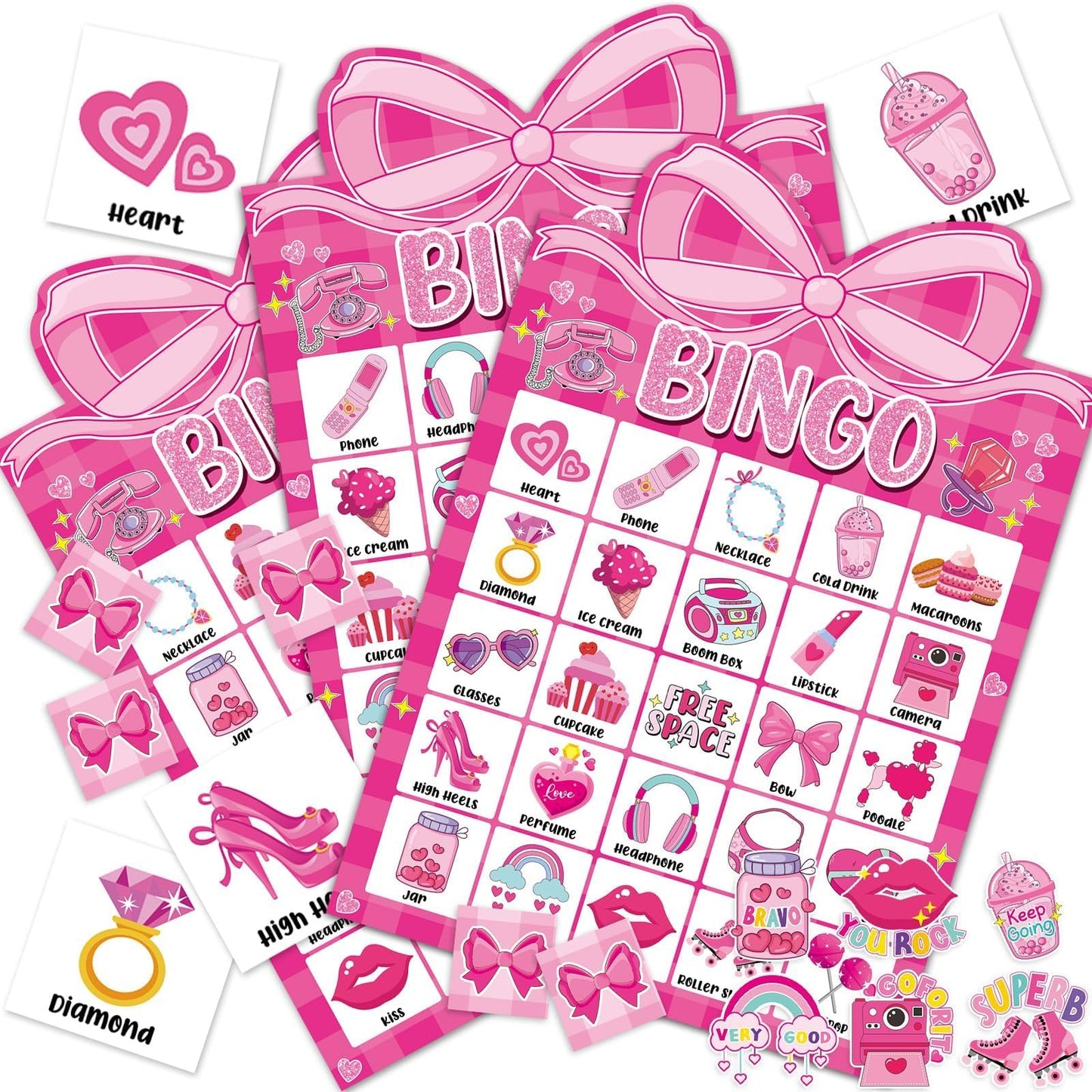 Lonfliness Pink Bow Party Bingo Game – 24 Players, Rewards Stickers & Favors