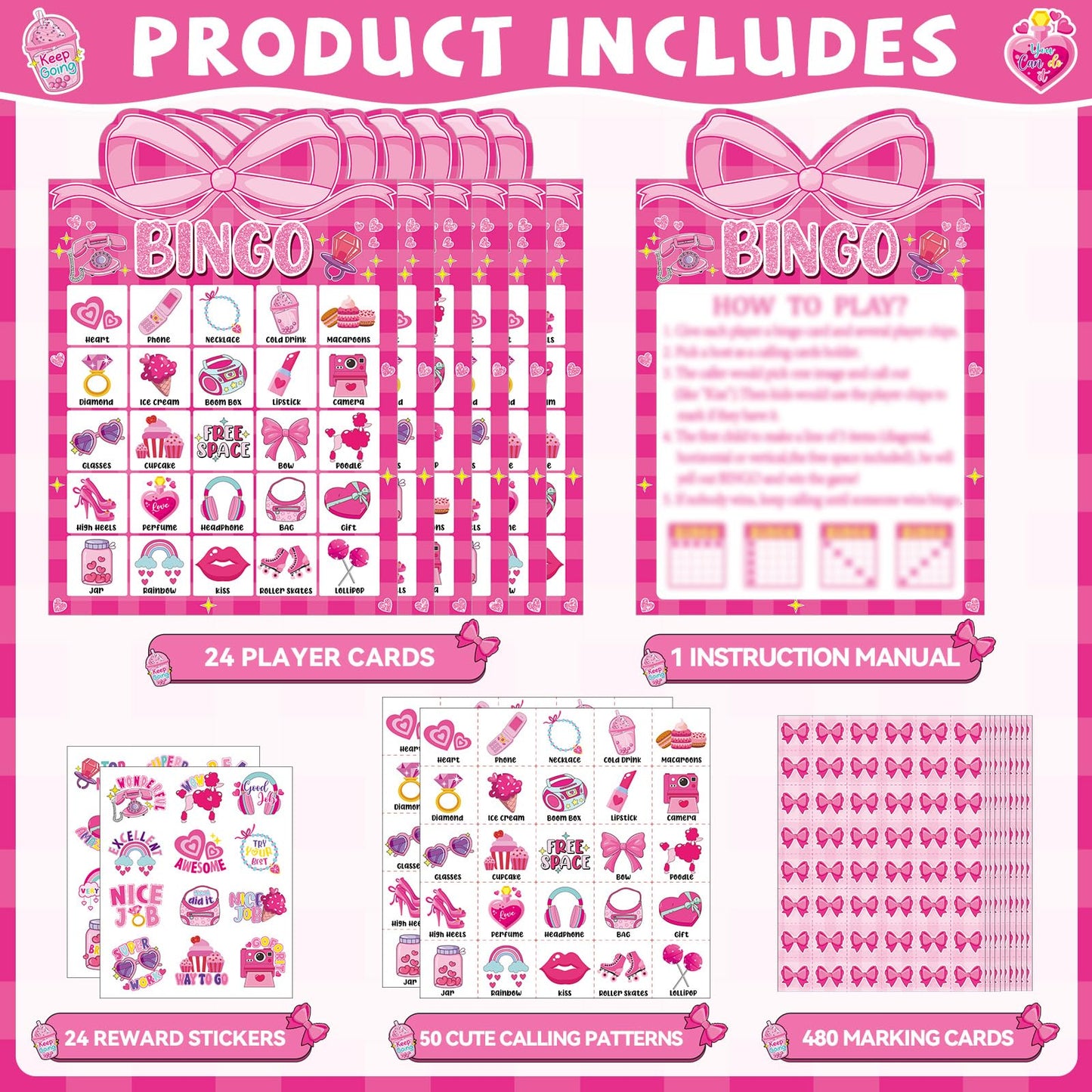 Lonfliness Pink Bow Party Bingo Game – 24 Players, Rewards Stickers & Favors
