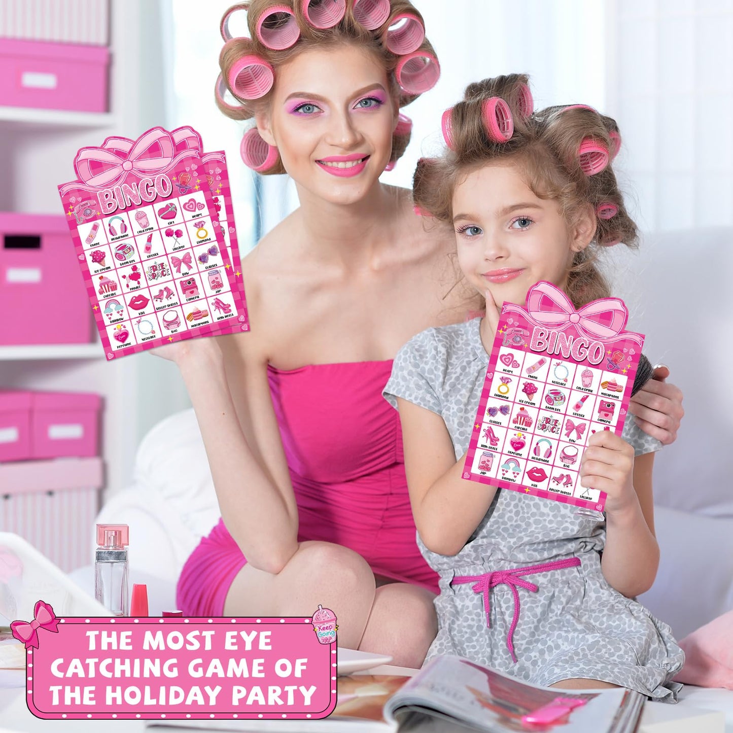 Lonfliness Pink Bow Party Bingo Game – 24 Players, Rewards Stickers & Favors