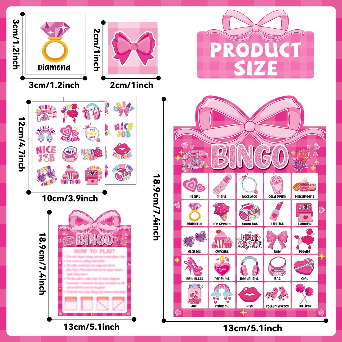 Lonfliness Pink Bow Party Bingo Game – 24 Players, Rewards Stickers & Favors