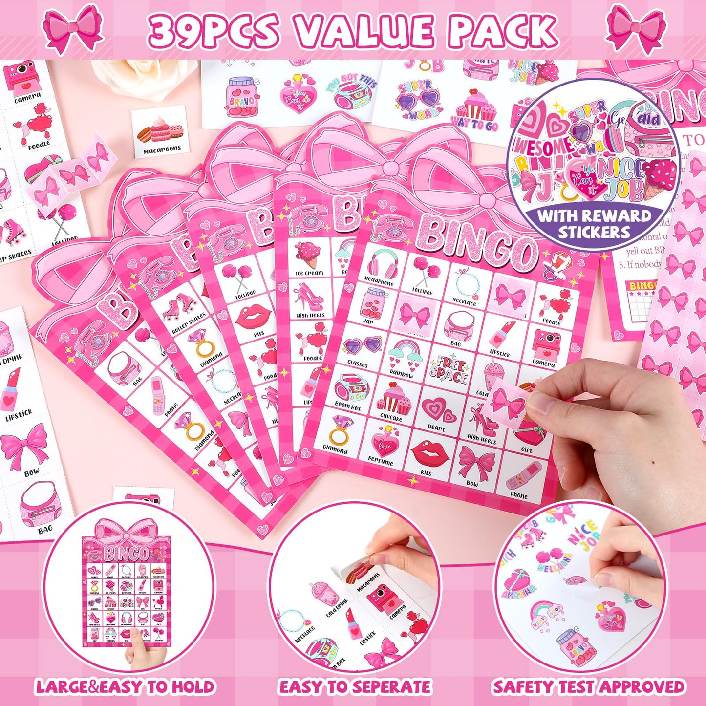 Lonfliness Pink Bow Party Bingo Game – 24 Players, Rewards Stickers & Favors