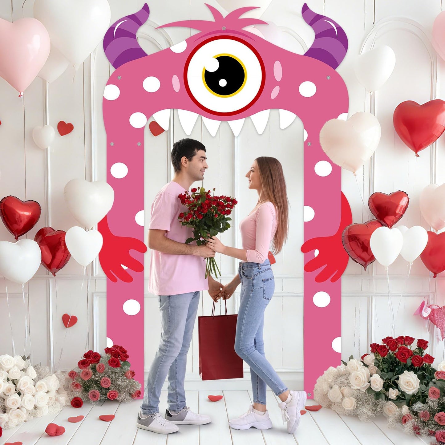 Lonfliness Valentines Monster Door Banner – Pink Monster Porch Decor for Indoor and Outdoor Valentines Day