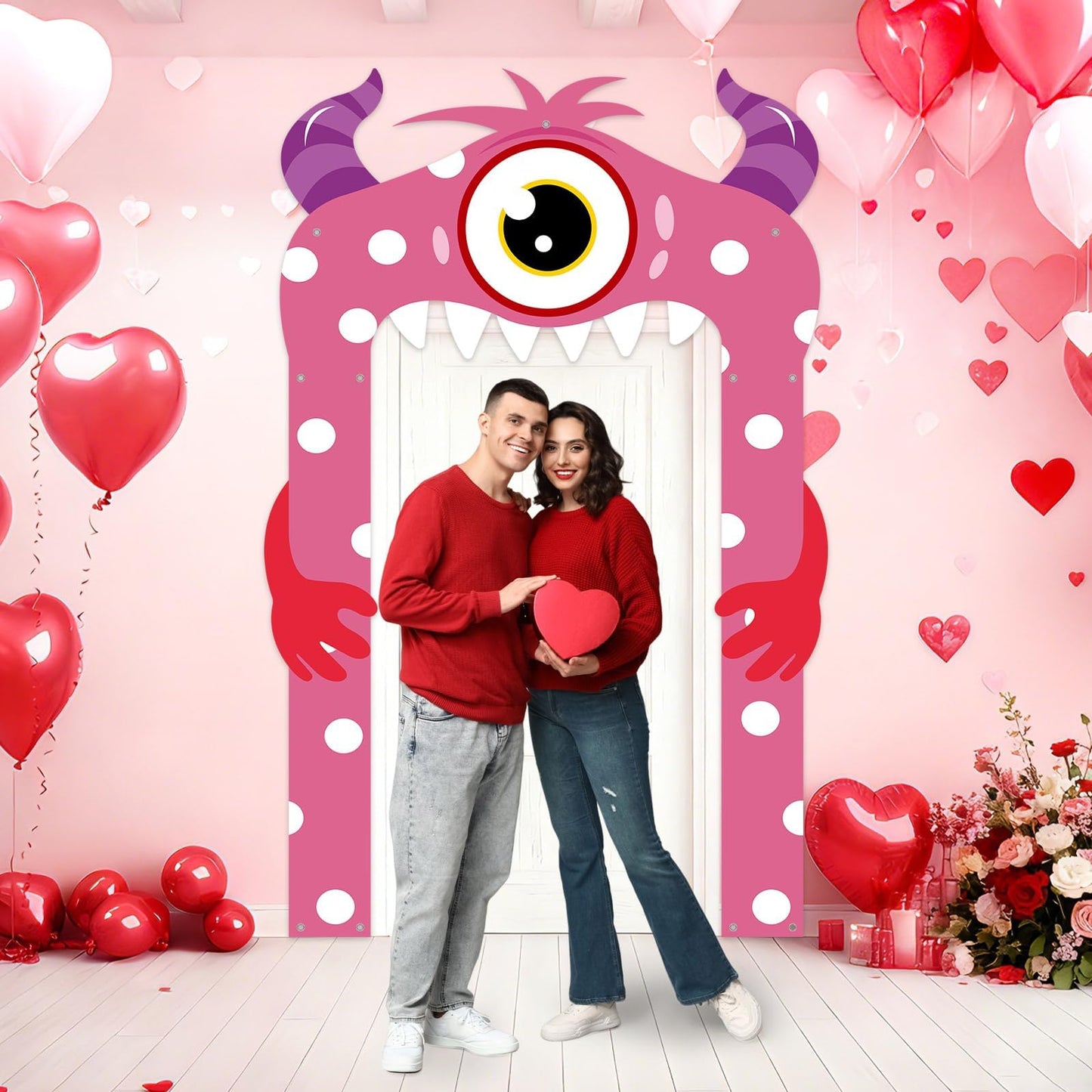 Lonfliness Valentines Monster Door Banner – Pink Monster Porch Decor for Indoor and Outdoor Valentines Day