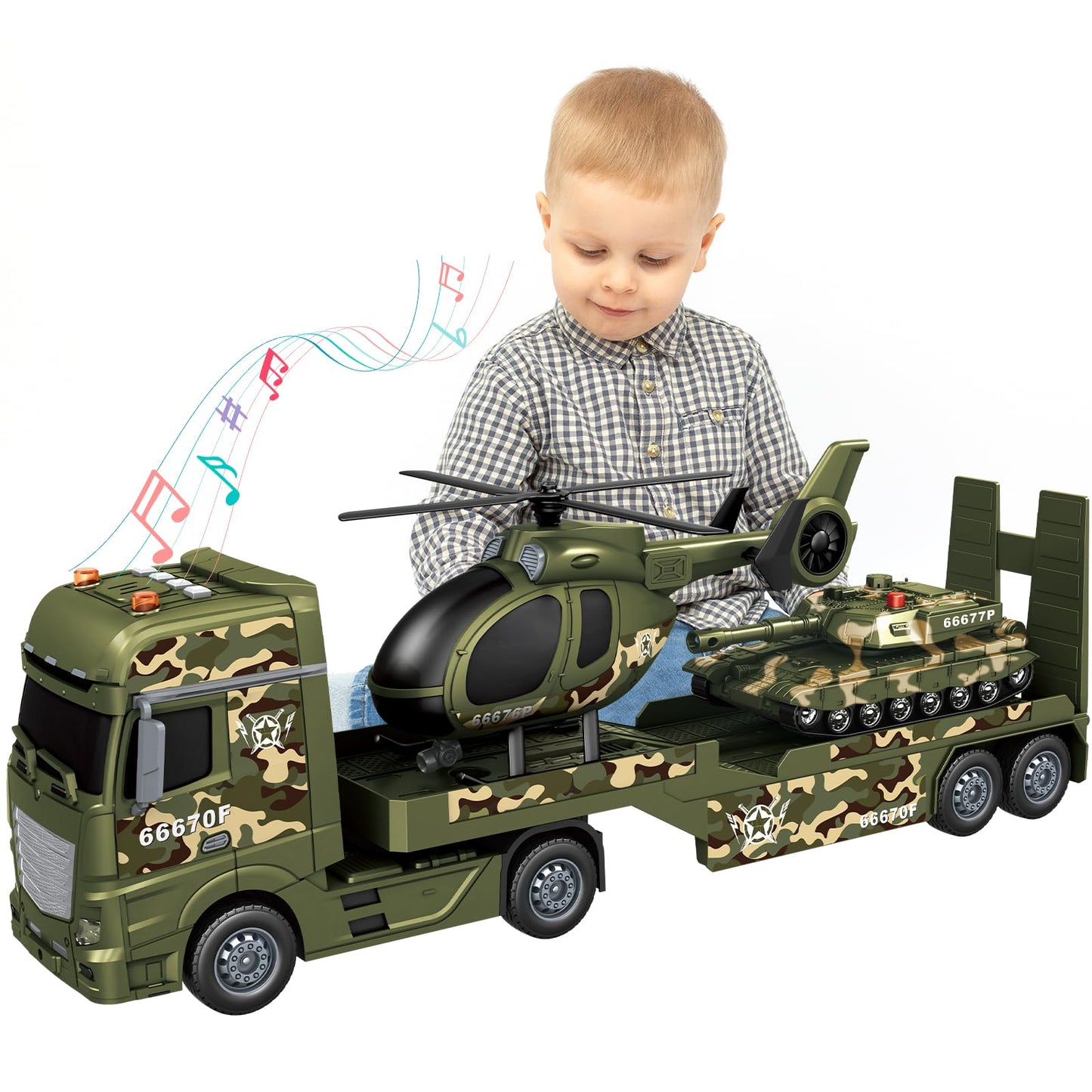 Lonfypeng 3-in-1 Military Truck with Helicopter & Tank – Inertia Semi Trailer, Lights & Sounds