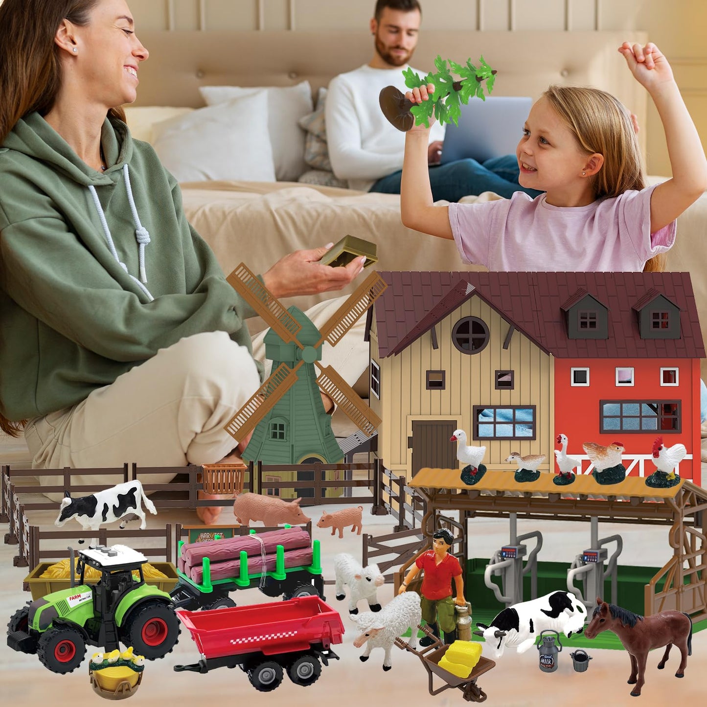 Lonfypeng 136-Piece Farm Animals Playset with Barn, Tractor Trailer & More