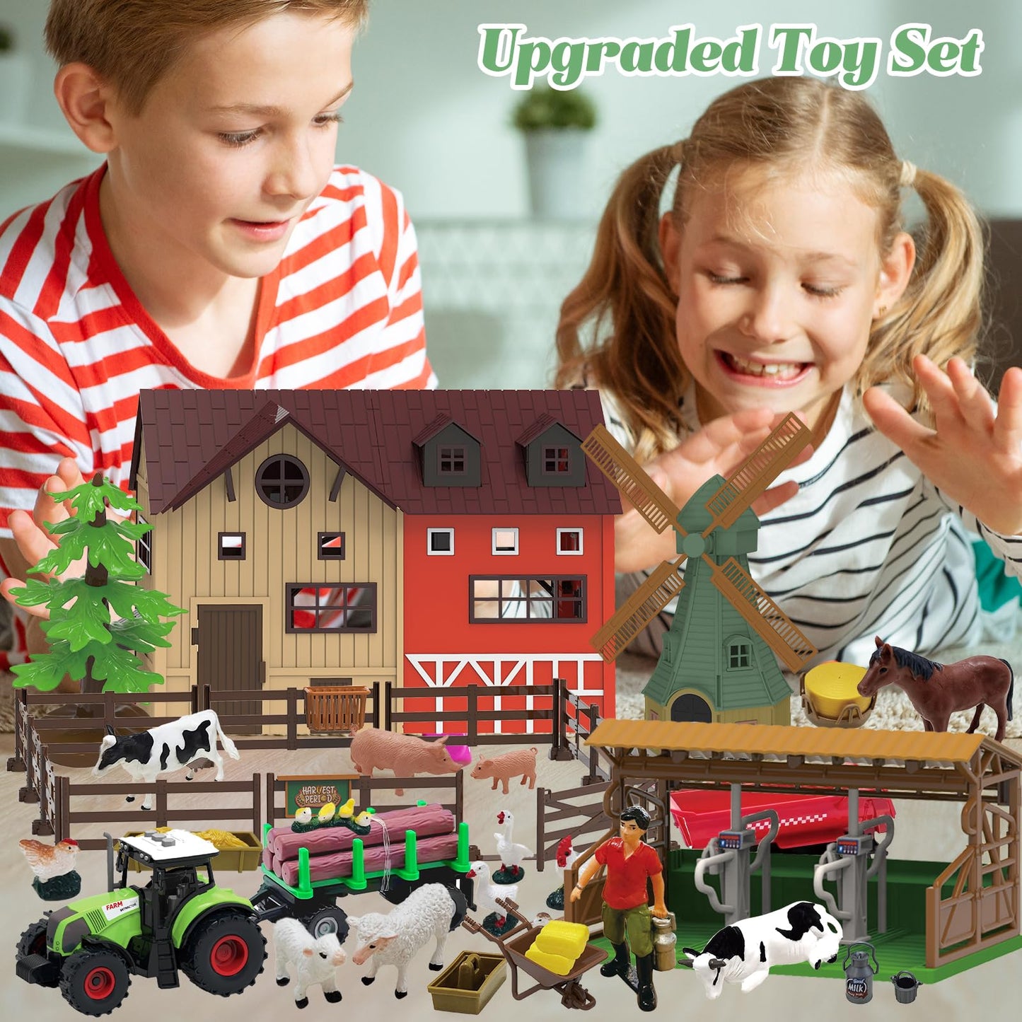 Lonfypeng 136-Piece Farm Animals Playset with Barn, Tractor Trailer & More
