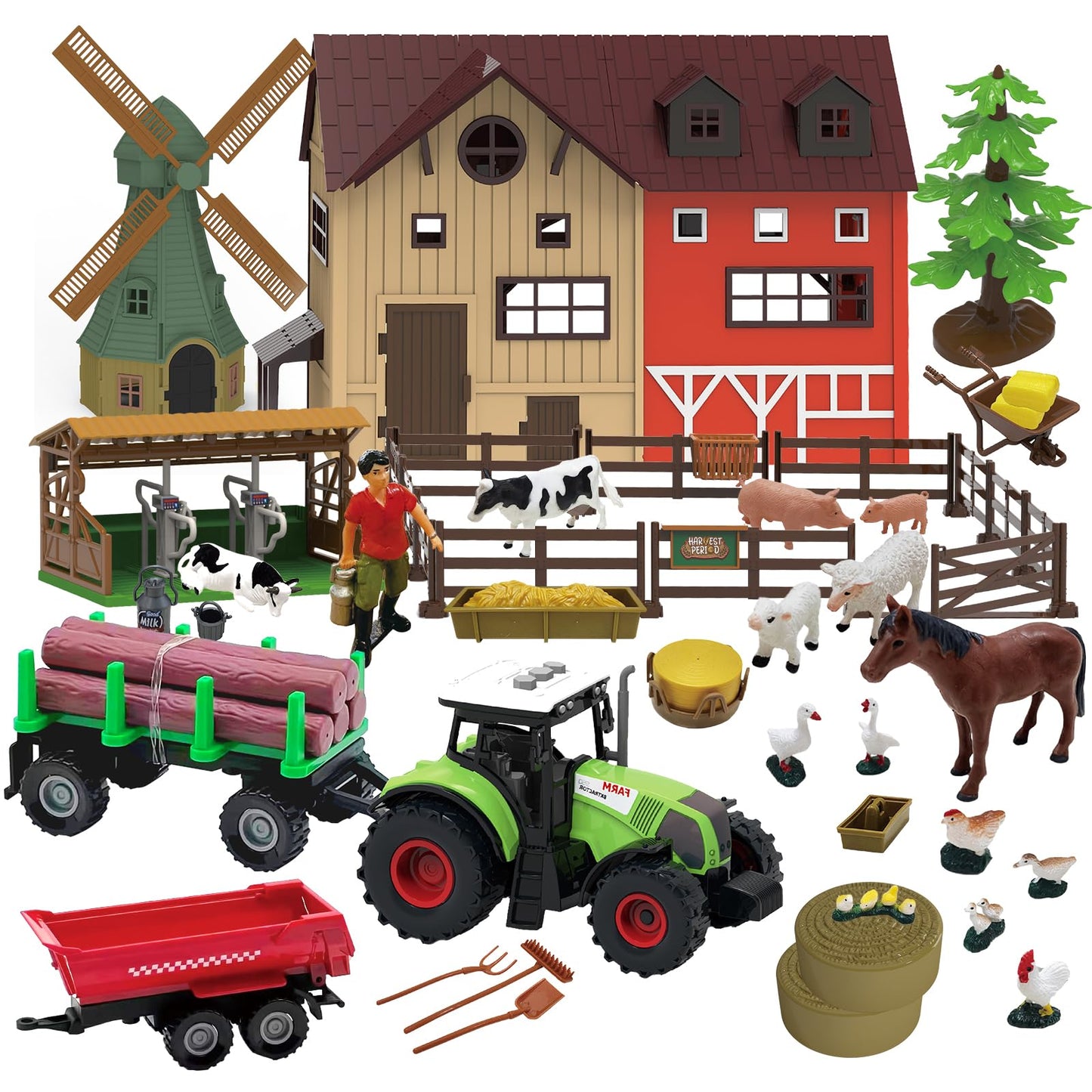 Lonfypeng 136-Piece Farm Animals Playset with Barn, Tractor Trailer & More