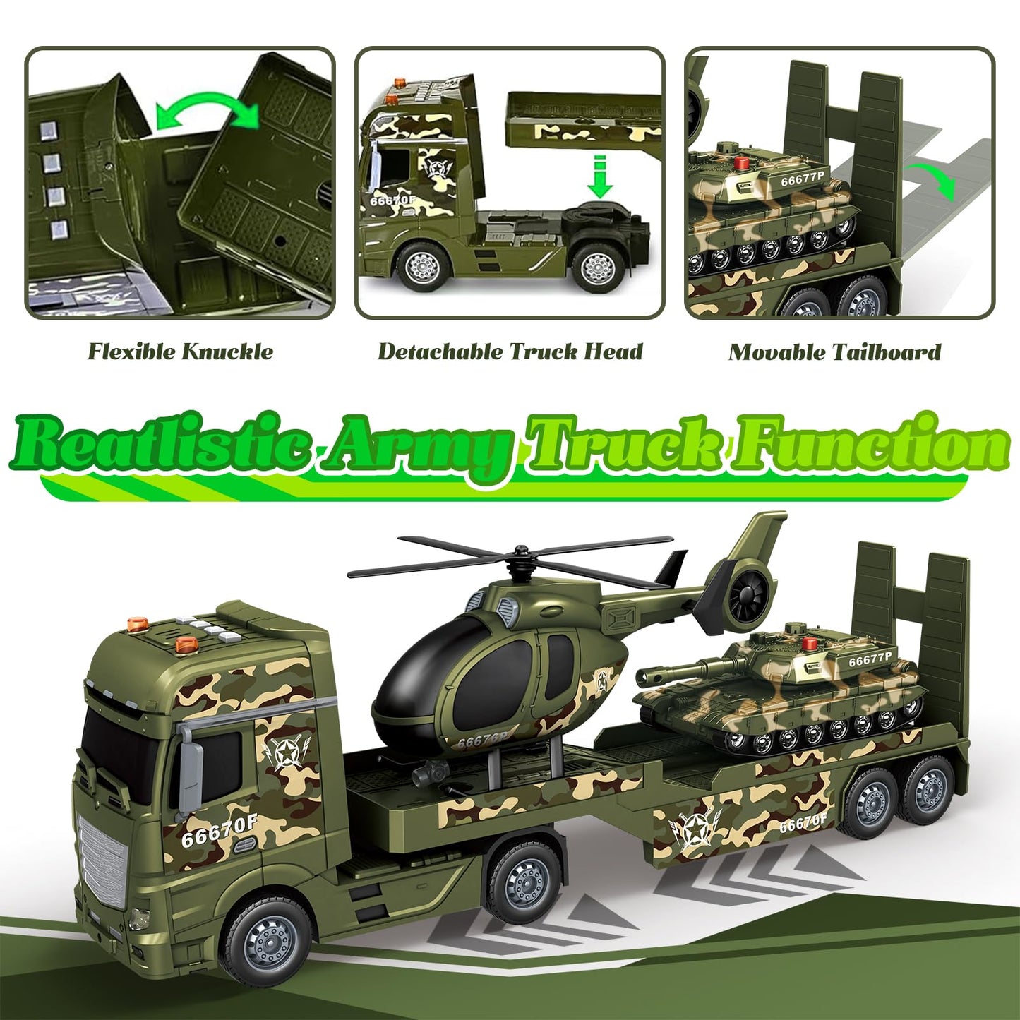 Lonfypeng 3-in-1 Military Truck with Helicopter & Tank – Inertia Semi Trailer, Lights & Sounds