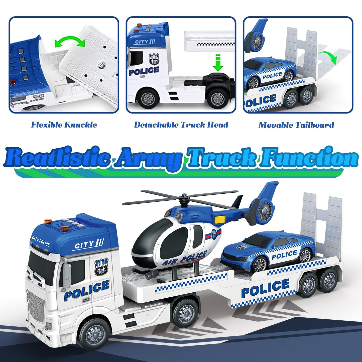 lonfypeng 3-in-1 Police Truck Toys for Kids 3-6 | Inertia Semi Trailer with Racing Car & Helicopter