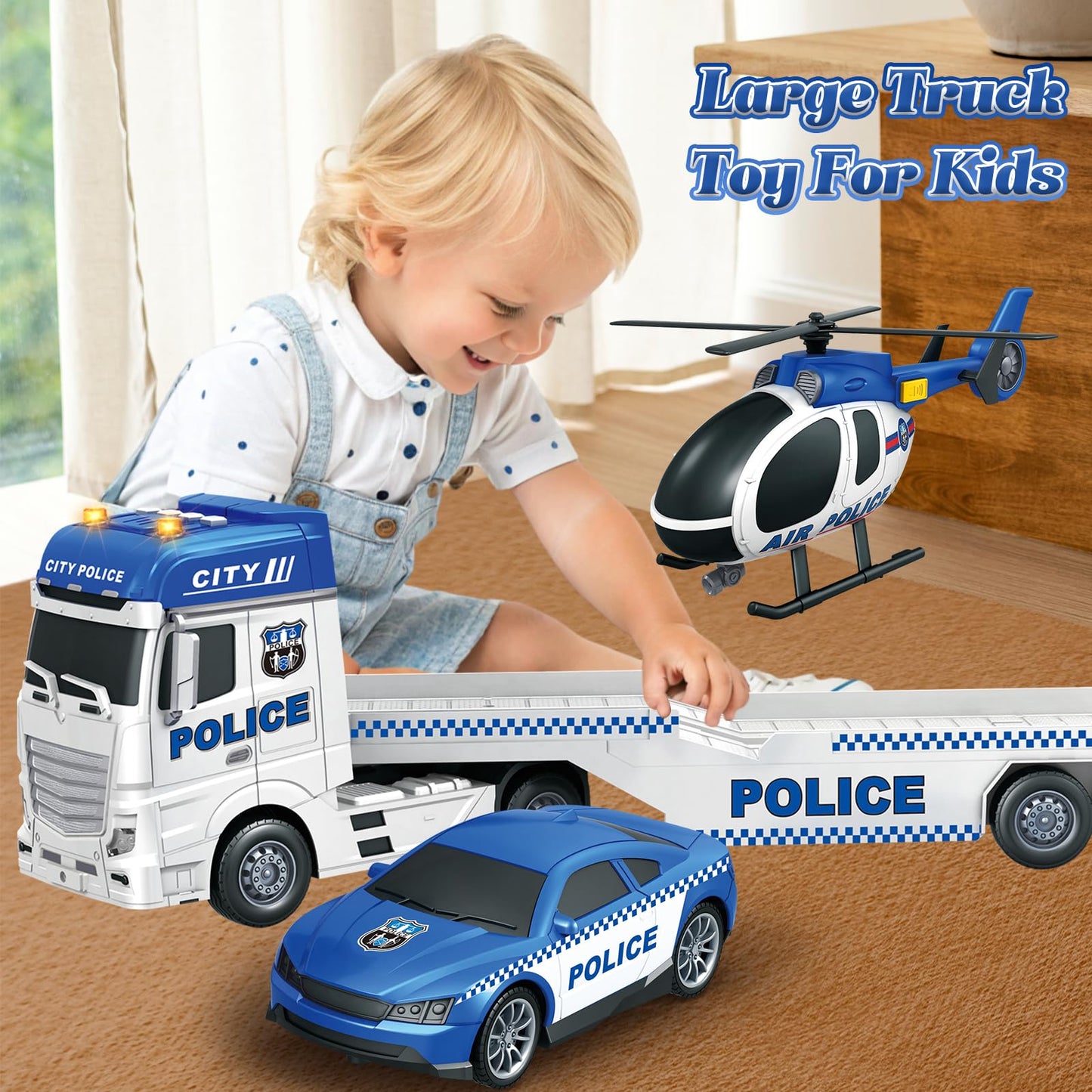 lonfypeng 3-in-1 Police Truck Toys for Kids 3-6 | Inertia Semi Trailer with Racing Car & Helicopter