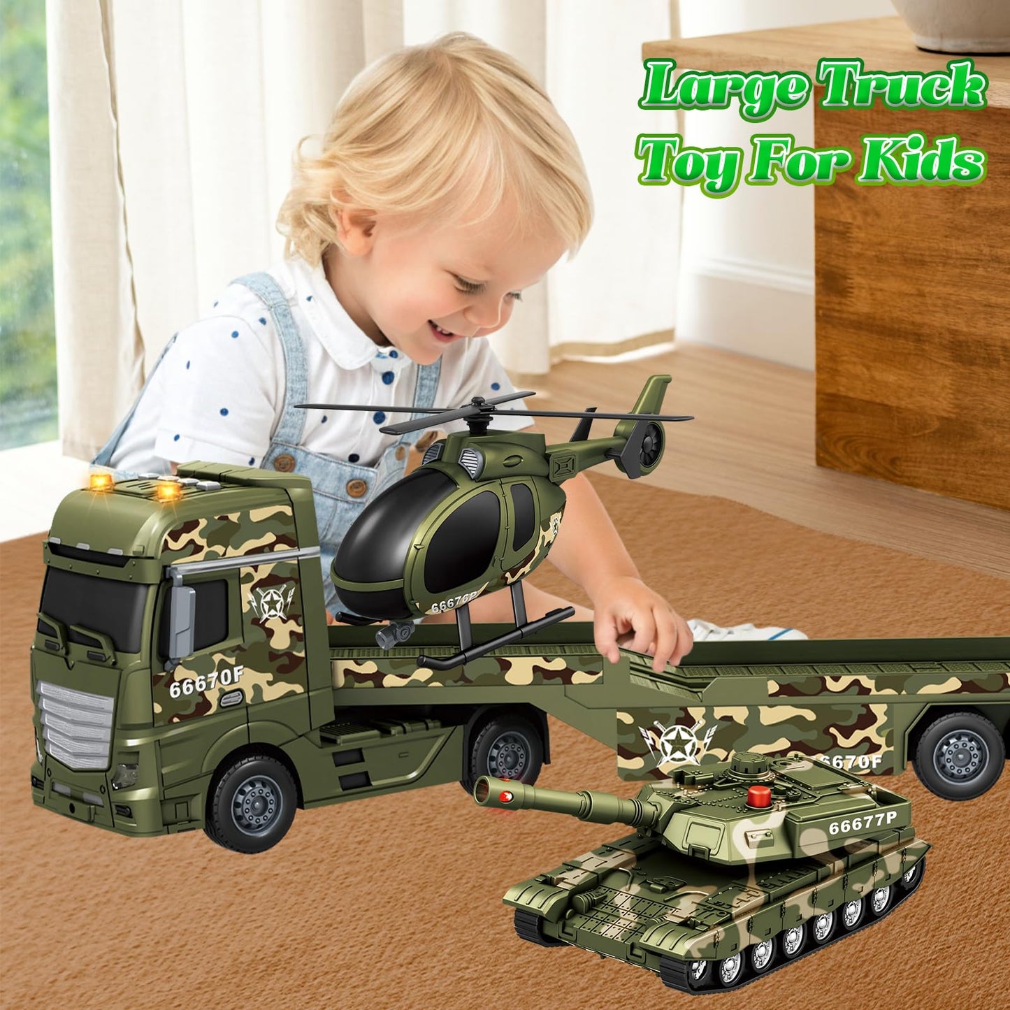 Lonfypeng 3-in-1 Military Truck with Helicopter & Tank – Inertia Semi Trailer, Lights & Sounds