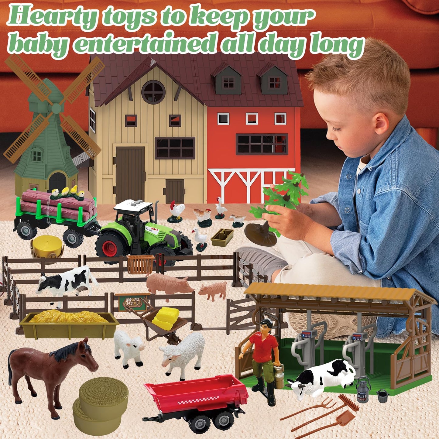 Lonfypeng 136-Piece Farm Animals Playset with Barn, Tractor Trailer & More