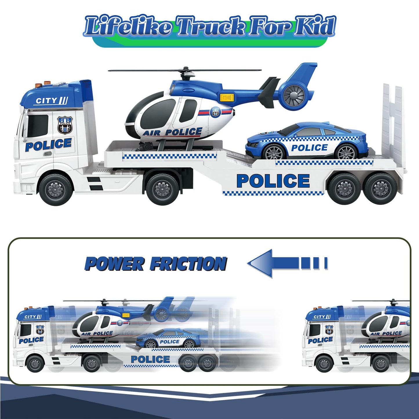 lonfypeng 3-in-1 Police Truck Toys for Kids 3-6 | Inertia Semi Trailer with Racing Car & Helicopter