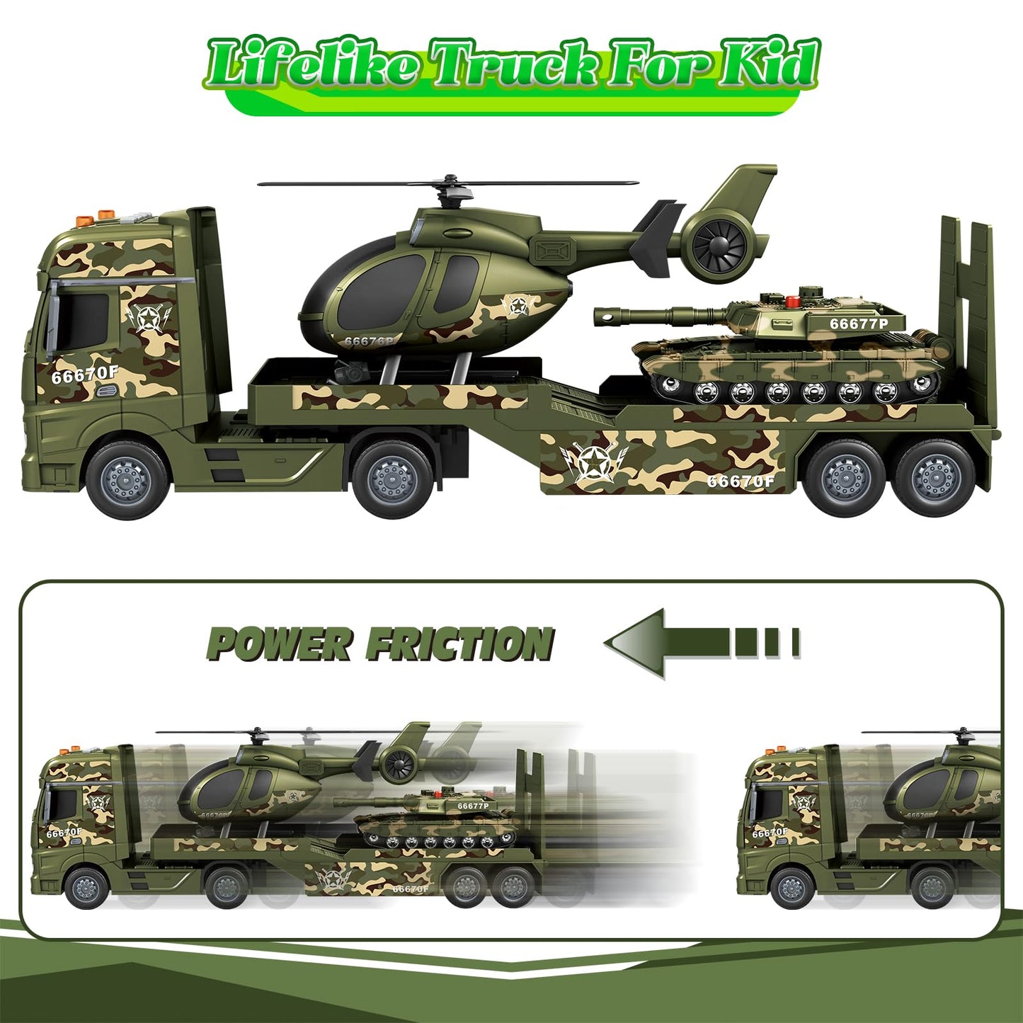 Lonfypeng 3-in-1 Military Truck with Helicopter & Tank – Inertia Semi Trailer, Lights & Sounds