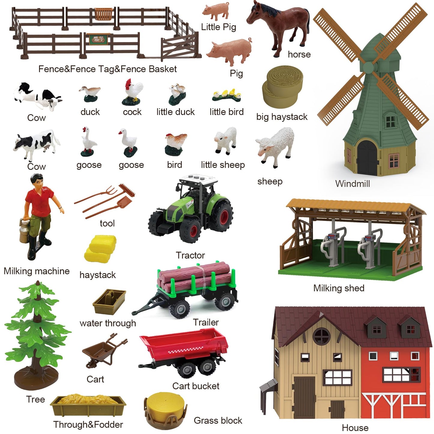 Lonfypeng 136-Piece Farm Animals Playset with Barn, Tractor Trailer & More