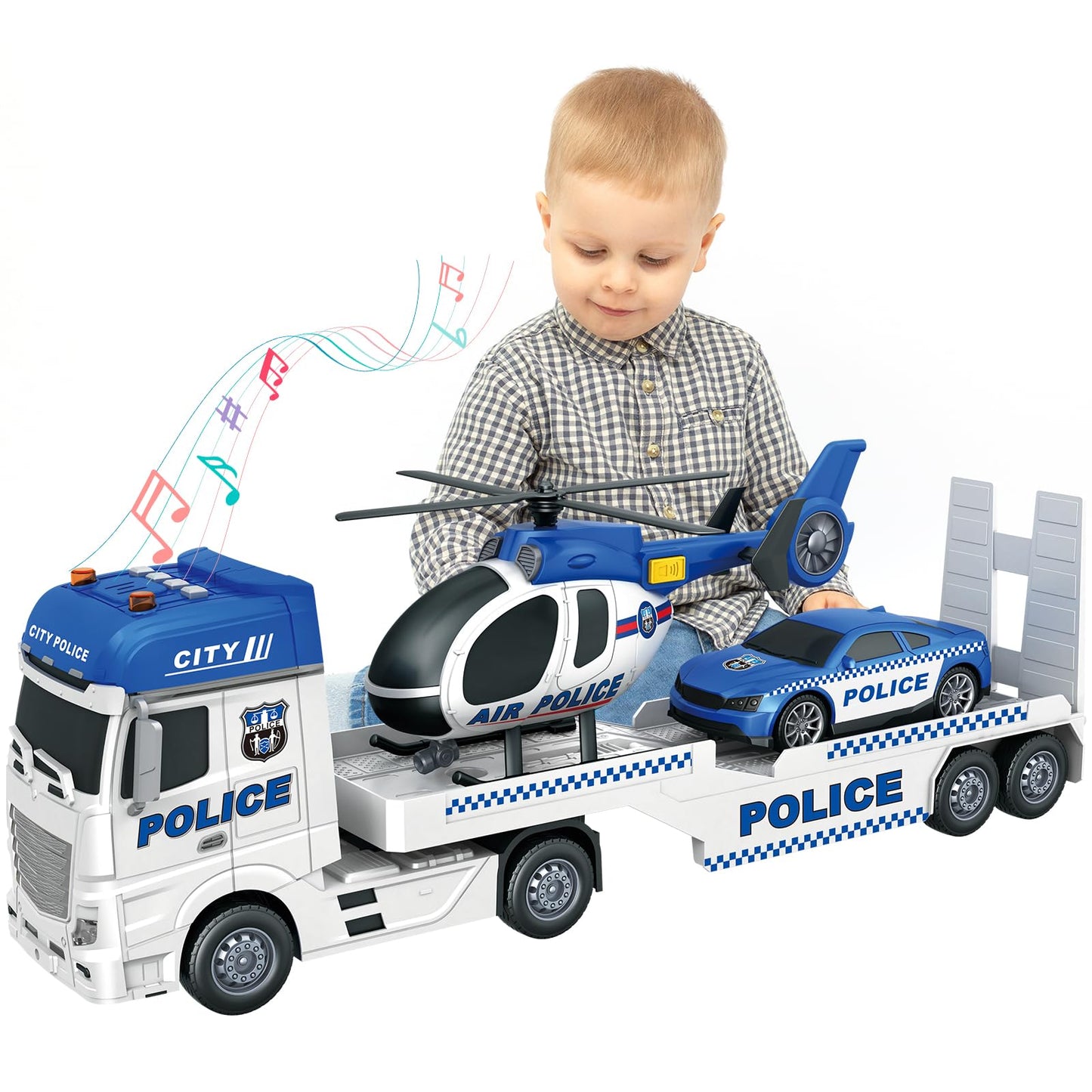 lonfypeng 3-in-1 Police Truck Toys for Kids 3-6 | Inertia Semi Trailer with Racing Car & Helicopter