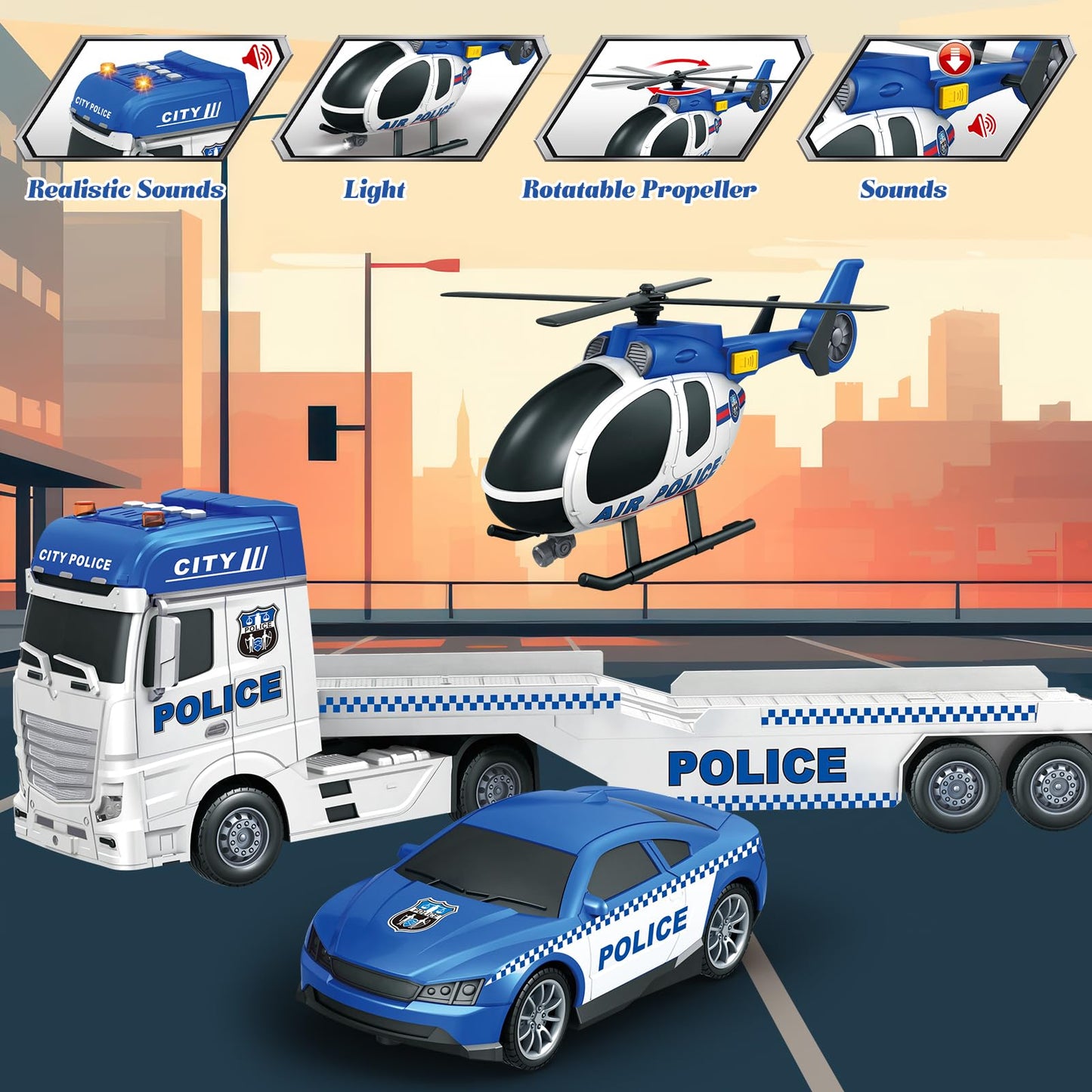 lonfypeng 3-in-1 Police Truck Toys for Kids 3-6 | Inertia Semi Trailer with Racing Car & Helicopter