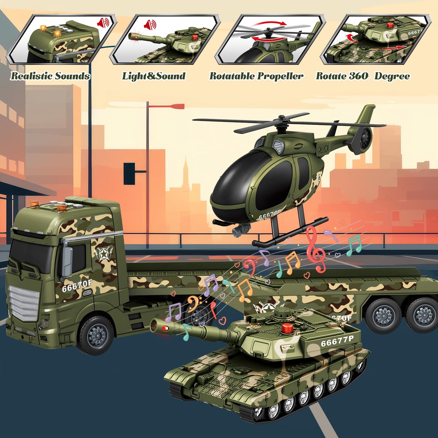 Lonfypeng 3-in-1 Military Truck with Helicopter & Tank – Inertia Semi Trailer, Lights & Sounds