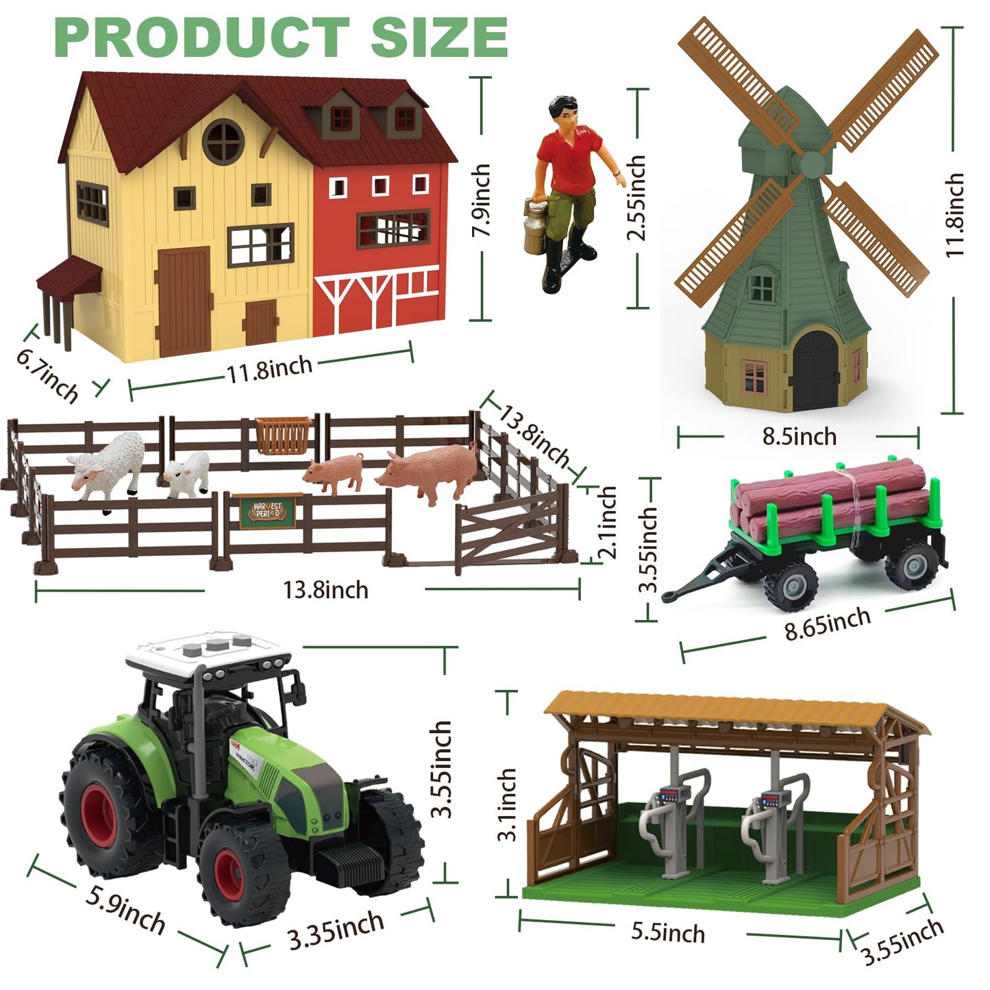 Lonfypeng 136-Piece Farm Animals Playset with Barn, Tractor Trailer & More
