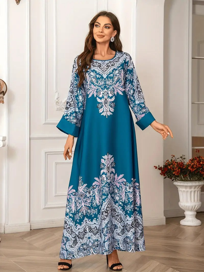 Long Sleeved Kaftan Dress, Round Neck Dress With Bead Embellishment