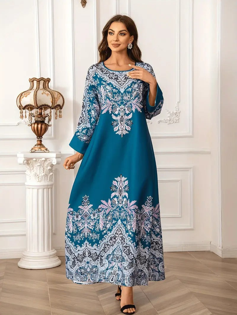 Long Sleeved Kaftan Dress, Round Neck Dress With Bead Embellishment