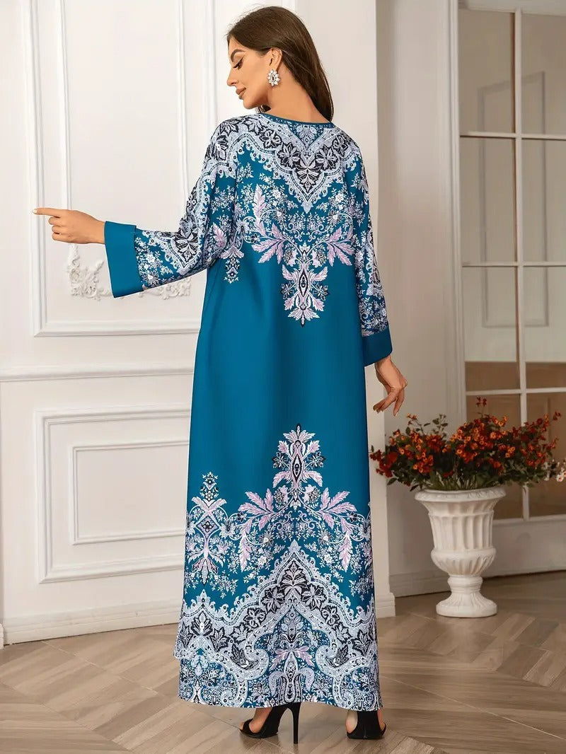 Long Sleeved Kaftan Dress, Round Neck Dress With Bead Embellishment