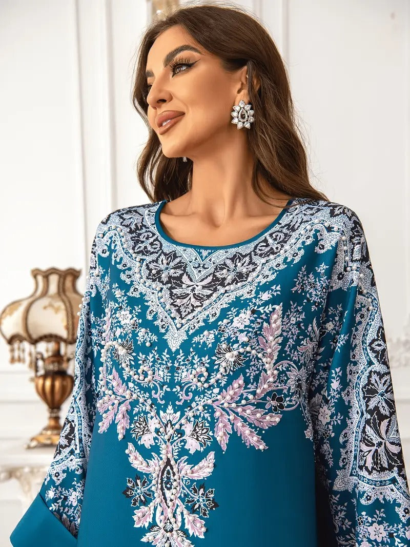 Long Sleeved Kaftan Dress, Round Neck Dress With Bead Embellishment