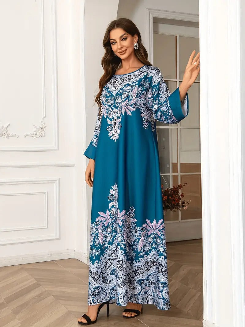 Long Sleeved Kaftan Dress, Round Neck Dress With Bead Embellishment