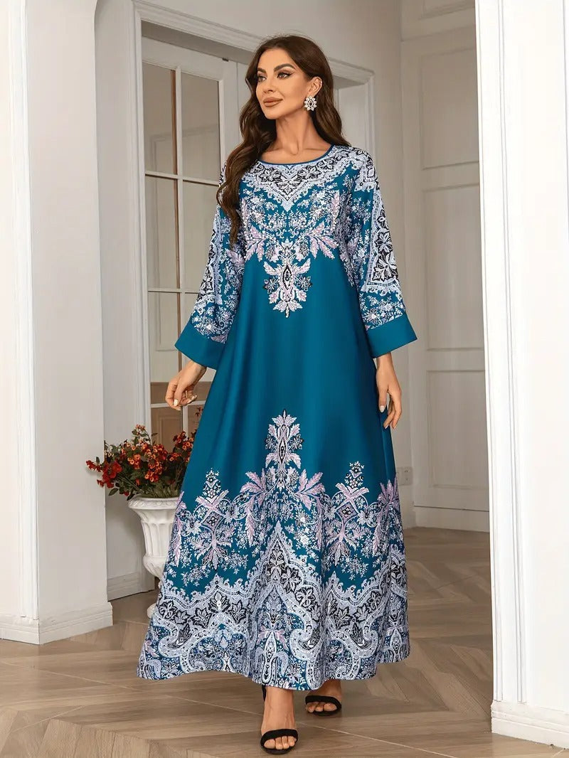 Long Sleeved Kaftan Dress, Round Neck Dress With Bead Embellishment