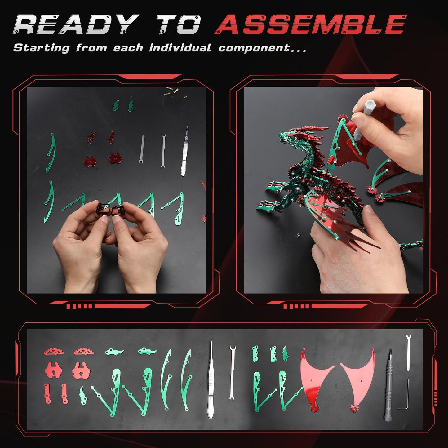 LONGPIN 3D Dragon Model Kit for Adults – Metal Puzzle, Desk Ornament, Gift (Red)