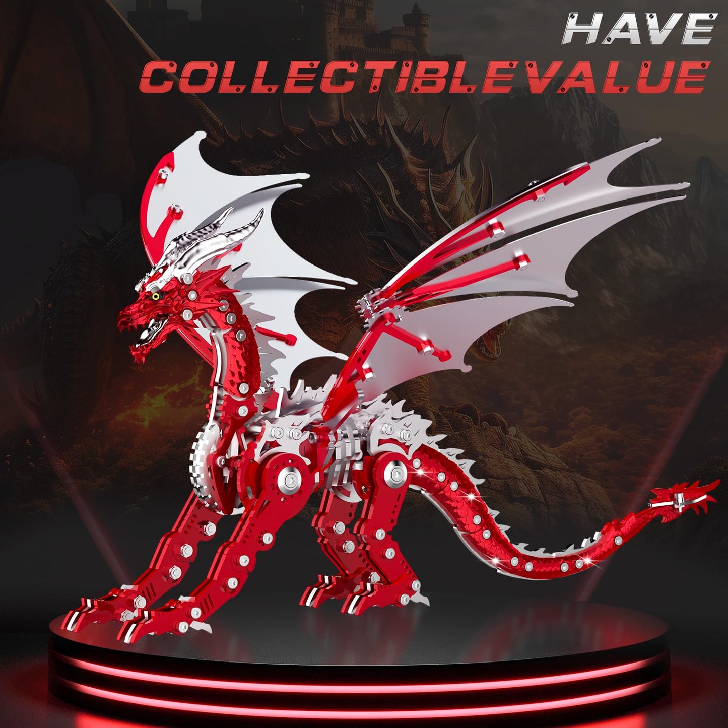 LONGPIN 3D Dragon Model Kit for Adults – Metal Puzzle, Desk Ornament, Gift (Red)