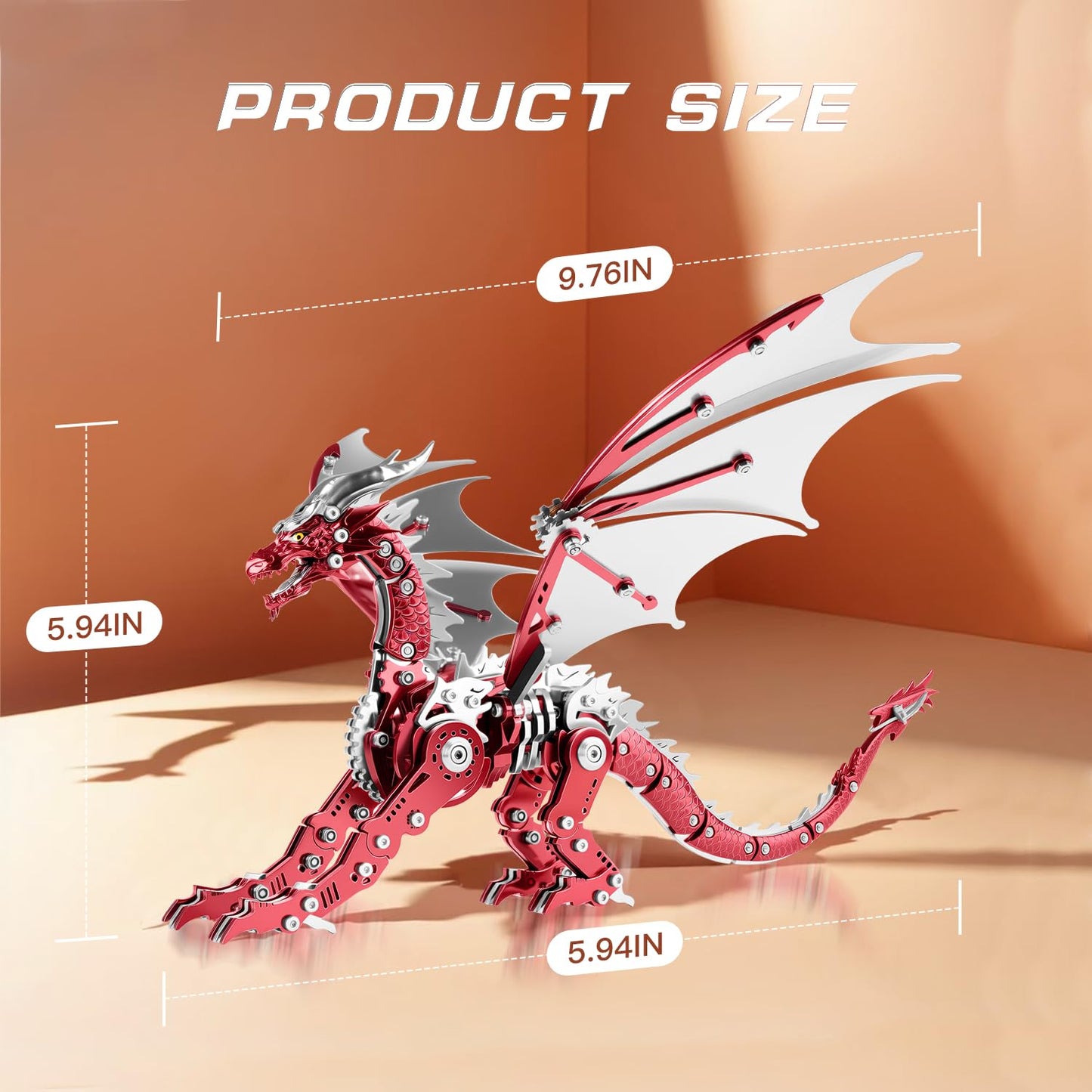 LONGPIN 3D Dragon Model Kit for Adults – Metal Puzzle, Desk Ornament, Gift (Red)