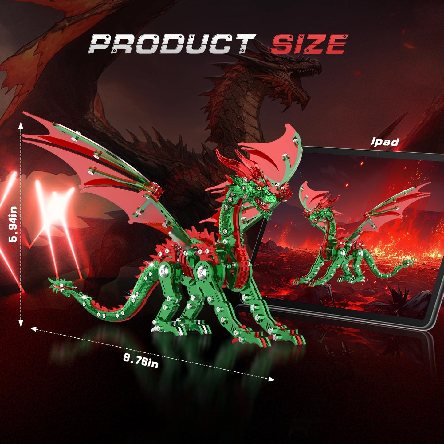 LONGPIN 3D Metal Dragon Puzzle Kit for Adults – Steampunk Mechanical Dragon Model (Red-Green)