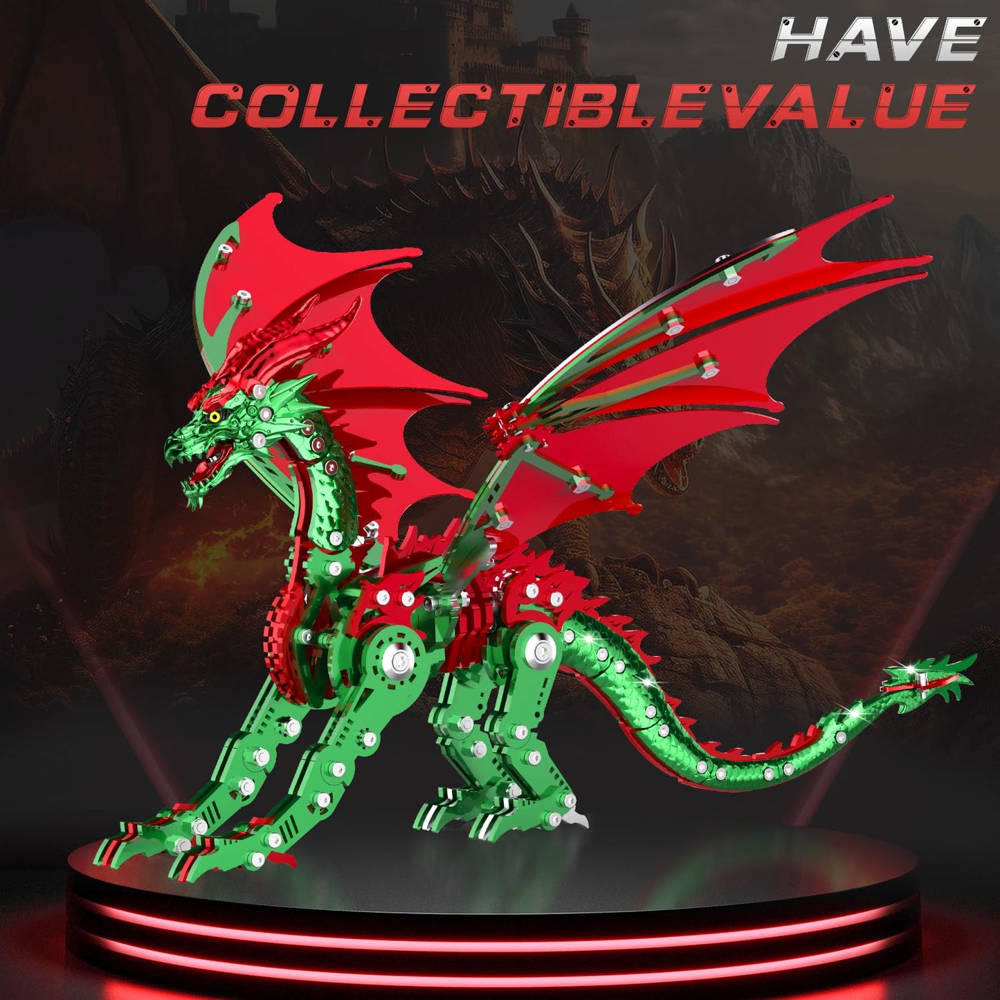 LONGPIN 3D Metal Dragon Puzzle Kit for Adults – Steampunk Mechanical Dragon Model (Red-Green)