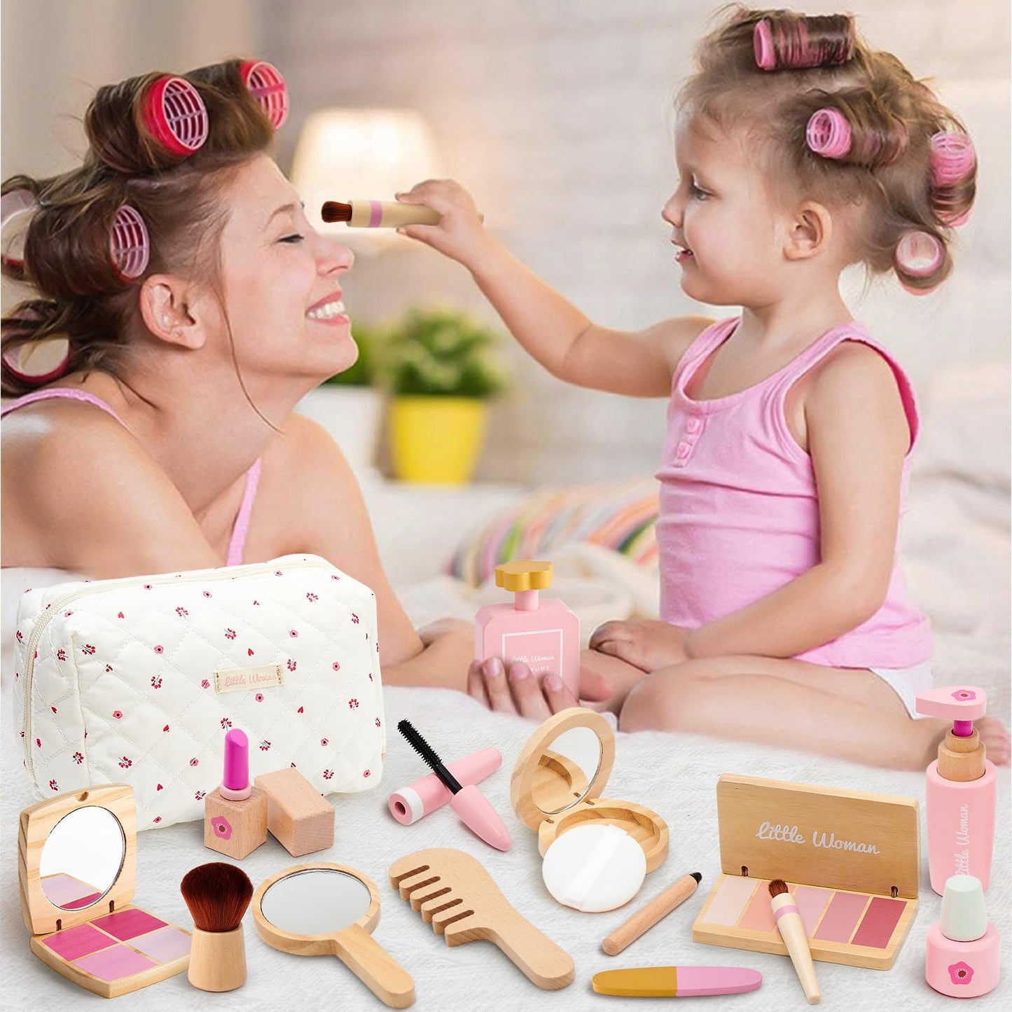 Lonico Wooden Makeup Toy Set for Girls – Pretend Play Kit with Bag, Mirror, and Accessories | Ages 3–8