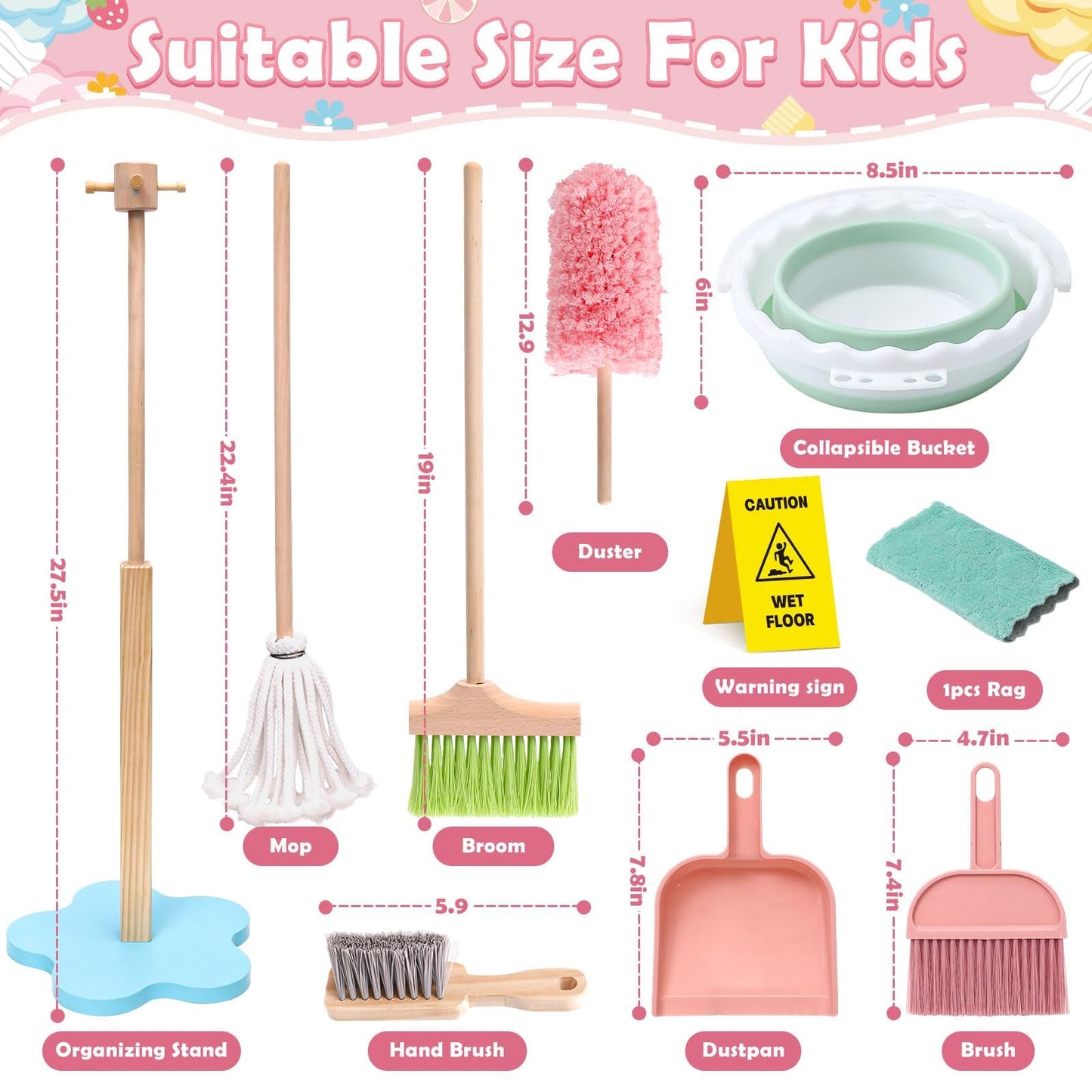 Lonico Wooden Cleaning Toy Set for Toddlers – 12-Piece Detachable Housekeeping Playset (Mop, Broom, Dustpan) Gift Ages 3–6
