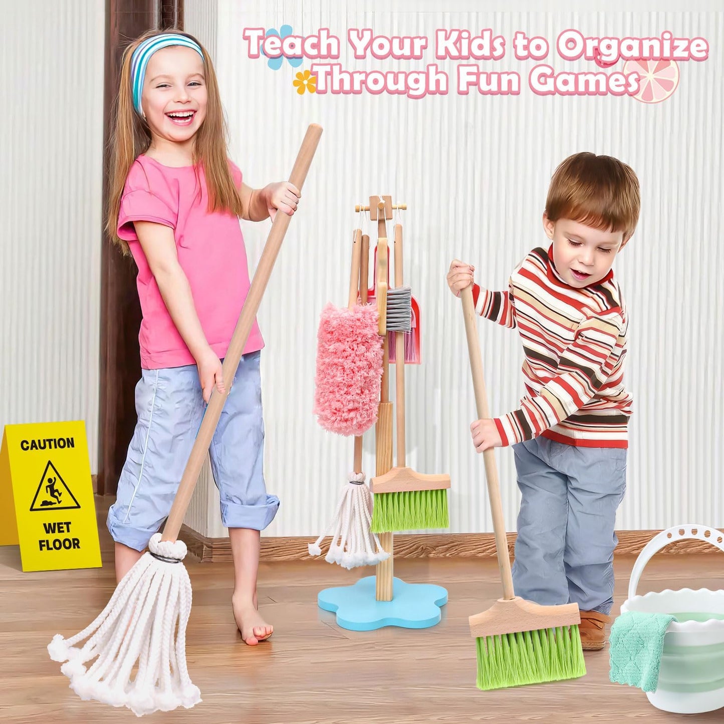 Lonico Wooden Cleaning Toy Set for Toddlers – 12-Piece Detachable Housekeeping Playset (Mop, Broom, Dustpan) Gift Ages 3–6