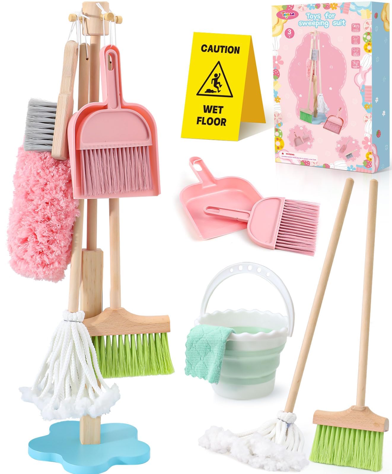 Lonico Wooden Cleaning Toy Set for Toddlers – 12-Piece Detachable Housekeeping Playset (Mop, Broom, Dustpan) Gift Ages 3–6