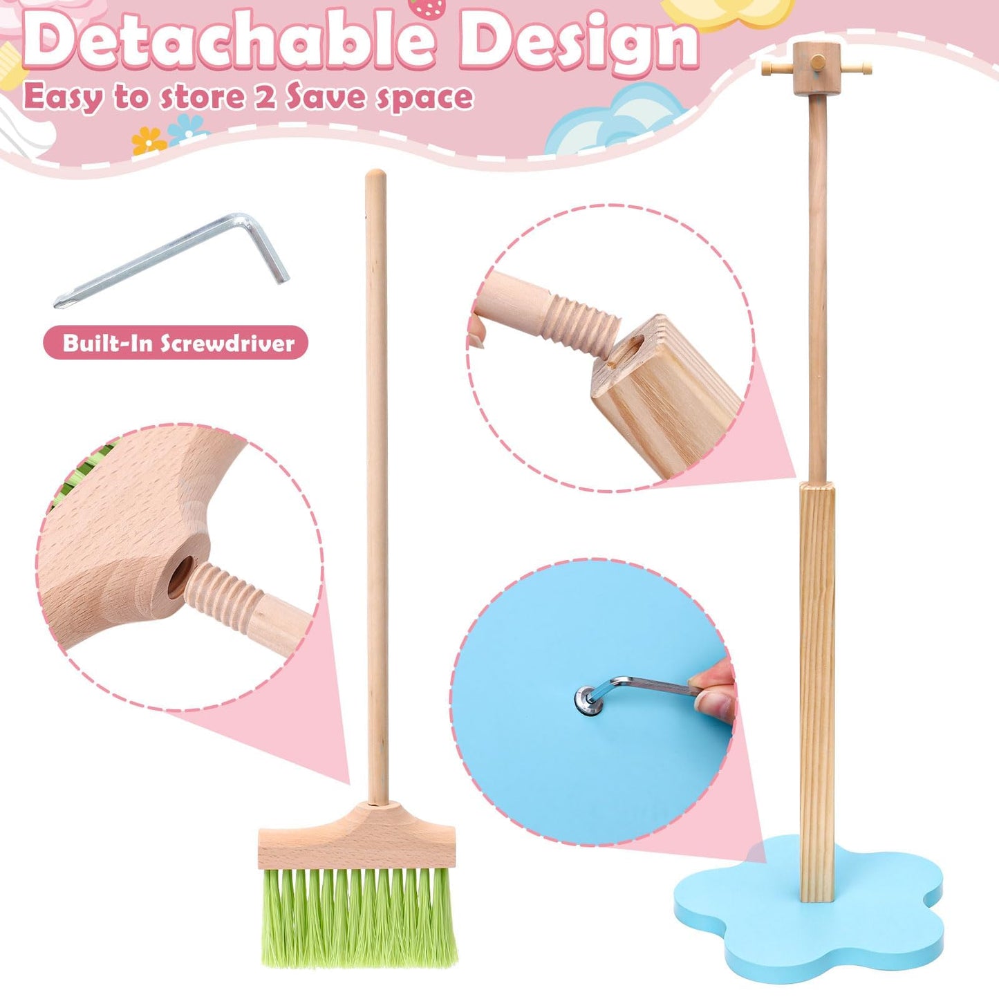 Lonico Wooden Cleaning Toy Set for Toddlers – 12-Piece Detachable Housekeeping Playset (Mop, Broom, Dustpan) Gift Ages 3–6