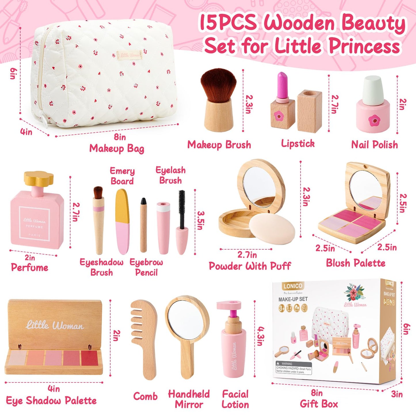 Lonico Wooden Makeup Toy Set for Girls – Pretend Play Kit with Bag, Mirror, and Accessories | Ages 3–8