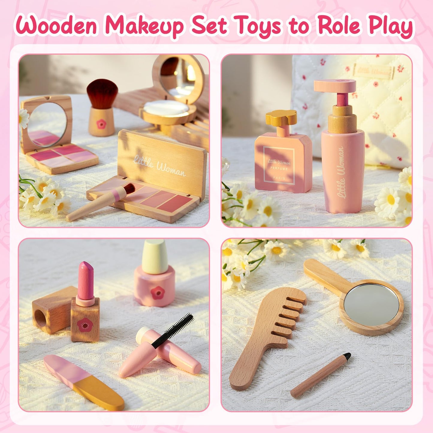 Lonico Wooden Makeup Toy Set for Girls – Pretend Play Kit with Bag, Mirror, and Accessories | Ages 3–8