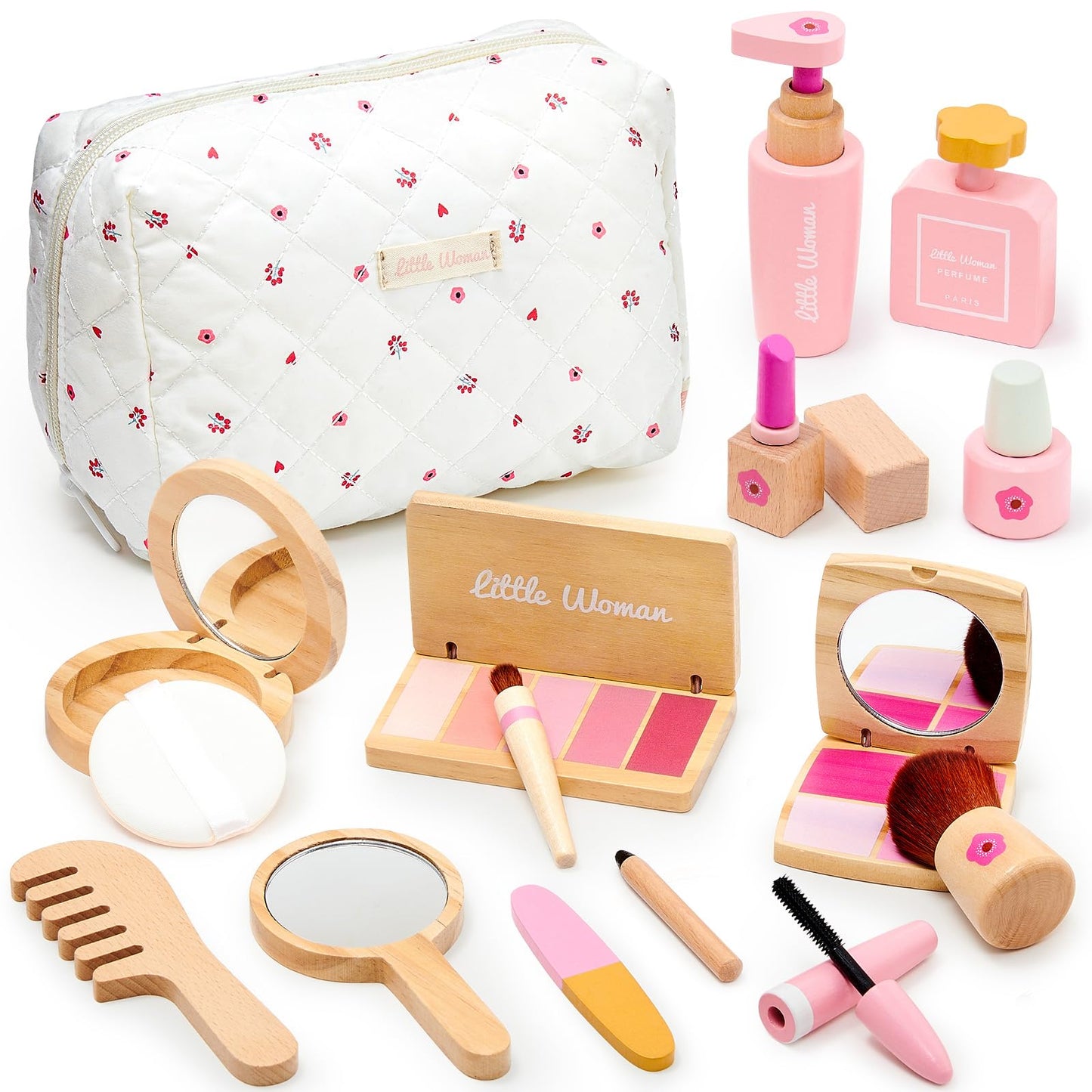 Lonico Wooden Makeup Toy Set for Girls – Pretend Play Kit with Bag, Mirror, and Accessories | Ages 3–8
